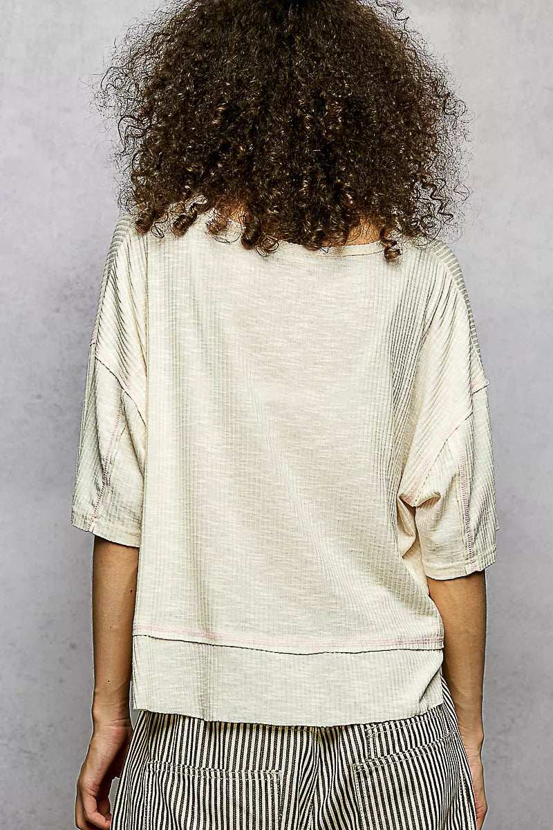 POL Short Sleeve Ccopped Rib T-Shirt with Contrast Stitch Detail - Trendsi - Flyclothing LLC