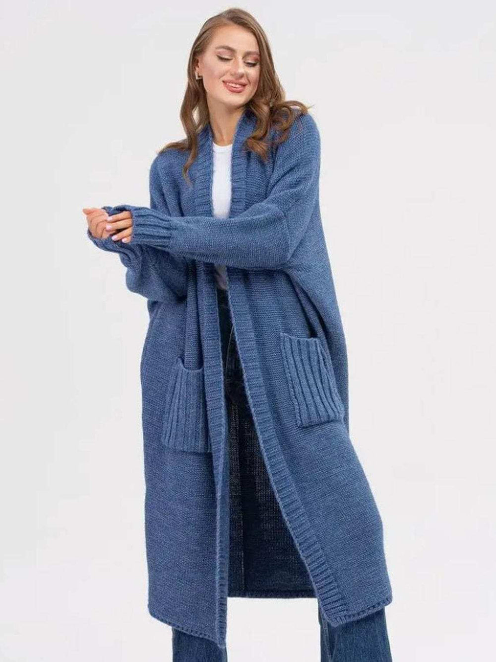 Pocketed Open Front Long Sleeve Longline Cardigan - Trendsi - Flyclothing LLC