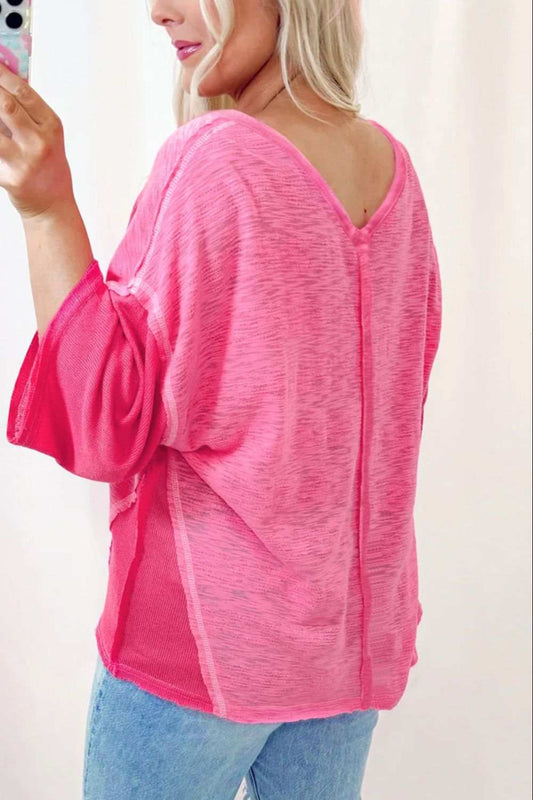 Exposed Seam V-Neck Three-Quarter Sleeve Blouse - Trendsi - Flyclothing LLC