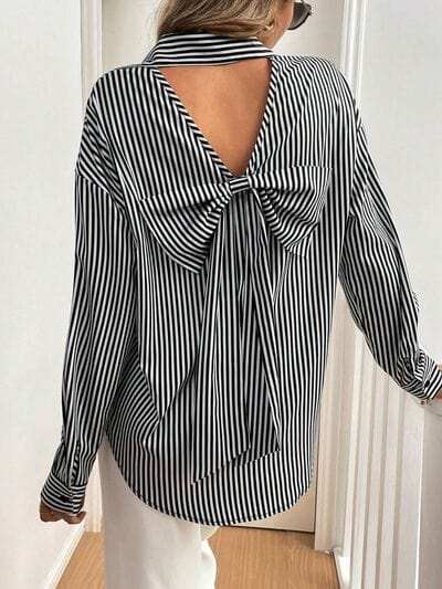 Cutout Bow Back Striped Collared Neck Long Sleeve Shirt - Trendsi - Flyclothing LLC