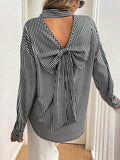 Cutout Bow Back Striped Collared Neck Long Sleeve Shirt - Trendsi - Flyclothing LLC