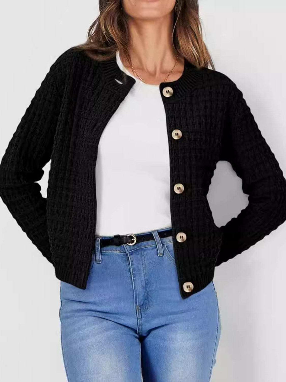 Button Up Round Neck Long Sleeve Cardigan - Trendsi - Flyclothing LLC