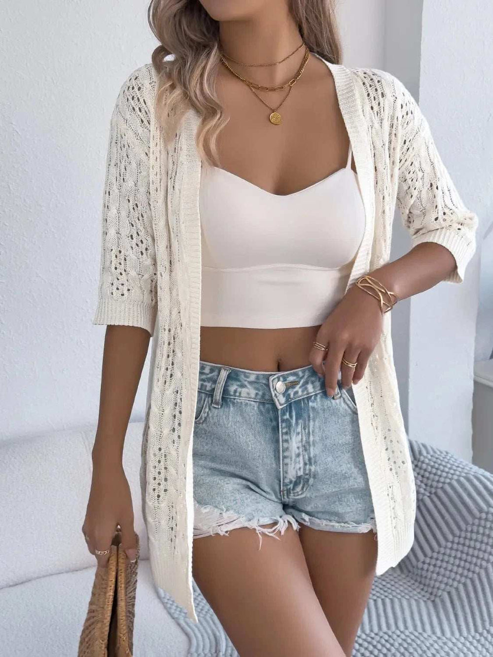 Openwork Open Front Half Sleeve Cardigan - Trendsi - Flyclothing LLC