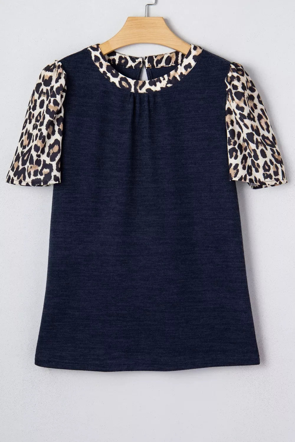 Ribbed Contrast Leopard Patchwork Short Sleeve Top - Trendsi - Flyclothing LLC