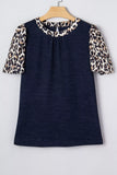 Ribbed Contrast Leopard Patchwork Short Sleeve Top - Trendsi - Flyclothing LLC