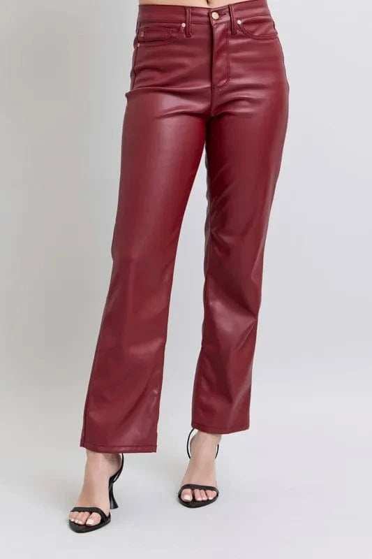 Judy Blue Full Size High Waist Tummy Control Faux Leather Straight Pants Plus Size - Trendsi - Flyclothing LLC