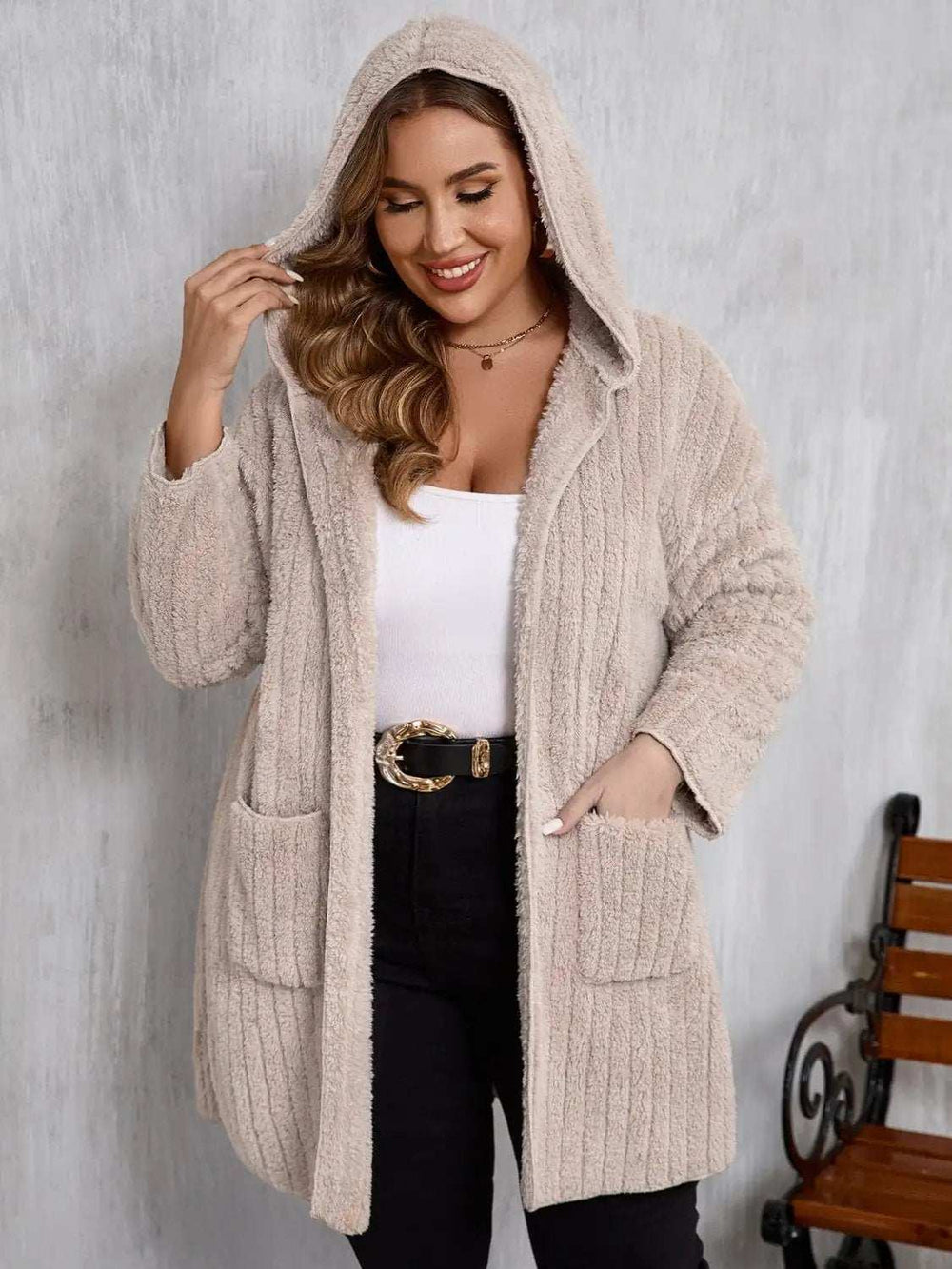 Plus Size Open Front Long Sleeve Hooded Fuzzy Jacket - Trendsi - Flyclothing LLC