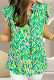 Ruffled Printed Tie Neck Cap Sleeve Blouse - Trendsi - Flyclothing LLC