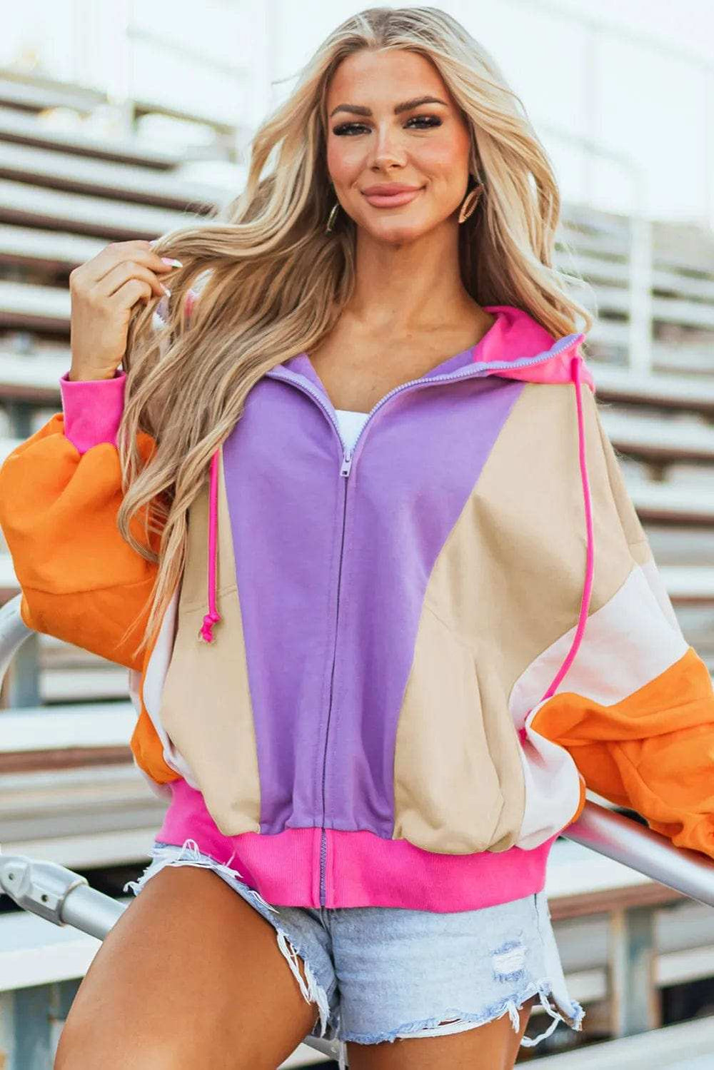 Drawstring Color Block Zip Up Long Sleeve Hoodie - Trendsi - Flyclothing LLC