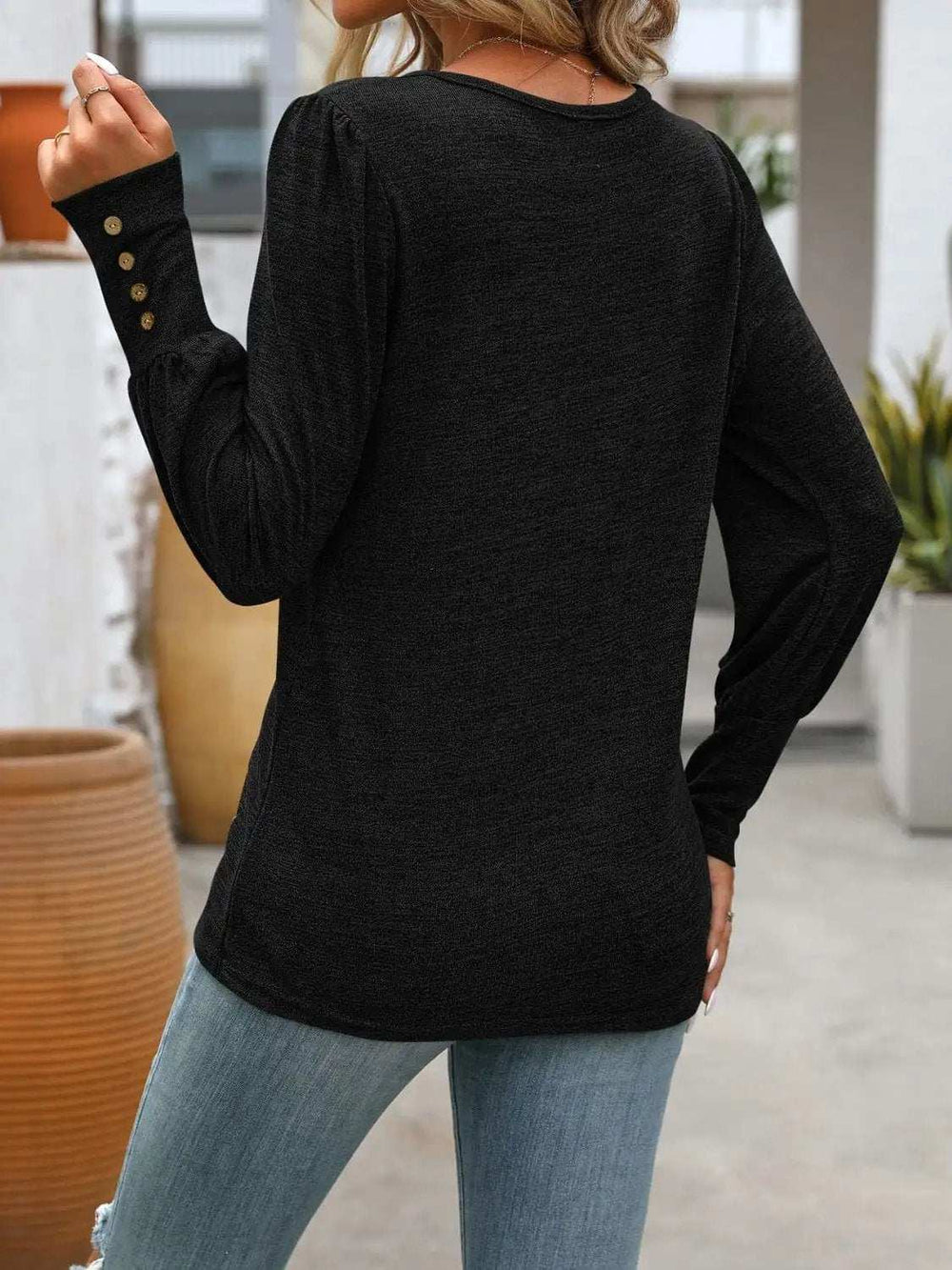 Decorative Button Round Neck Long Sleeve T-Shirt - Trendsi - Flyclothing LLC