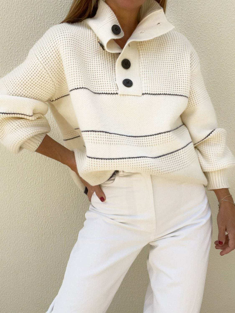 Waffle-Knit Half Button Long Sleeve Sweater - Trendsi - Flyclothing LLC