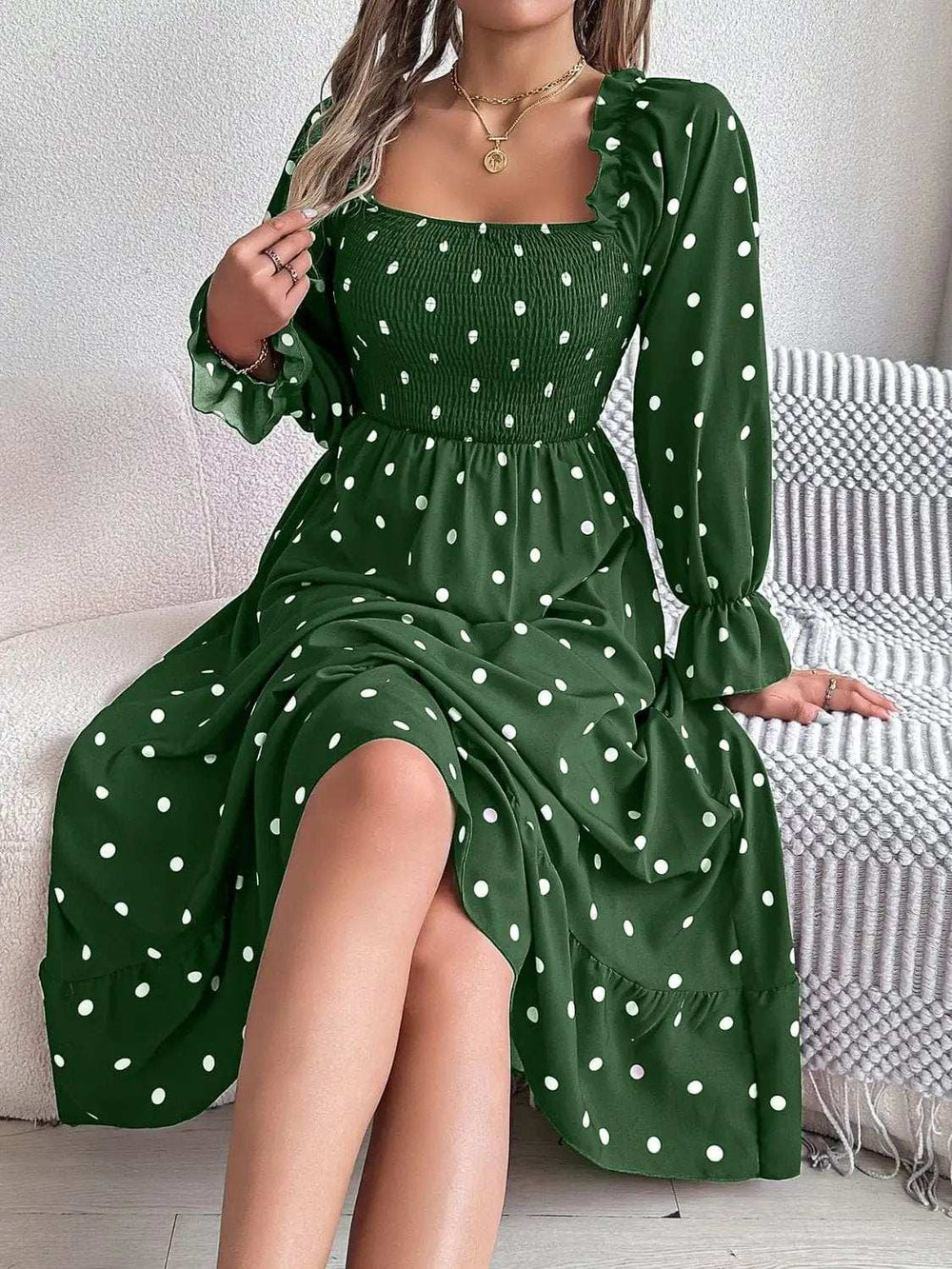 Polka Dot Flounce Sleeve Midi Dress - Trendsi - Flyclothing LLC