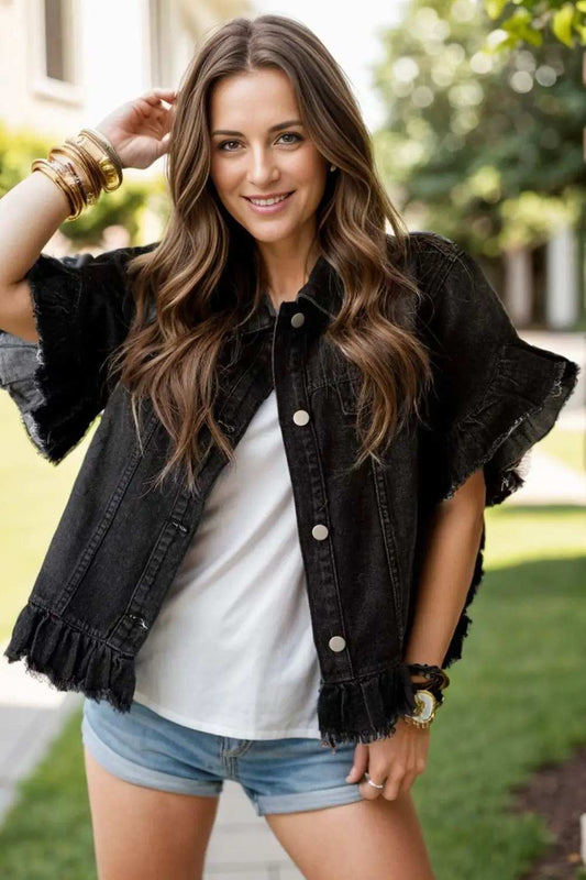 Raw Hem Button Up Denim Top - Trendsi - Flyclothing LLC