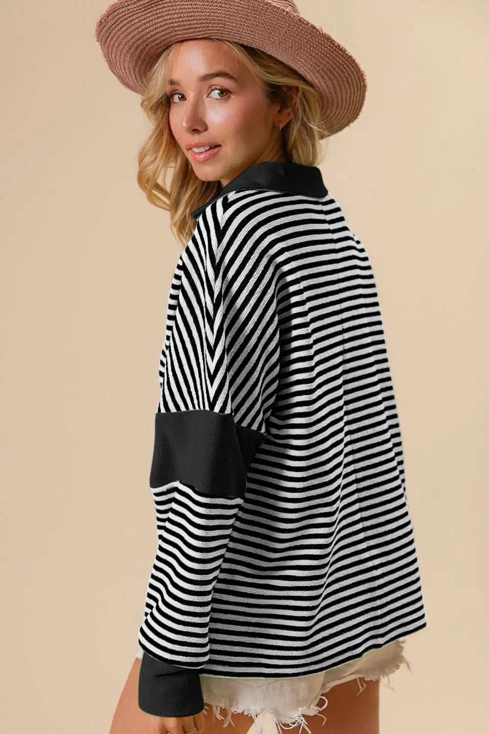 BiBi Striped Contrast Long Sleeve Knit Top - Trendsi - Flyclothing LLC