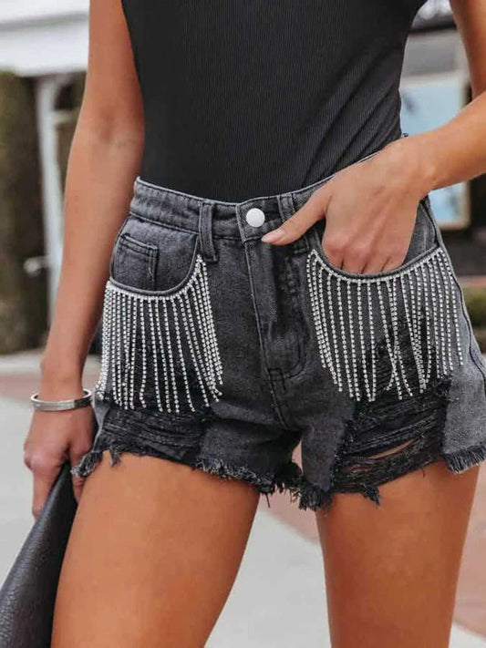 Distressed Fringe Denim Shorts with Pockets - Trendsi - Flyclothing LLC