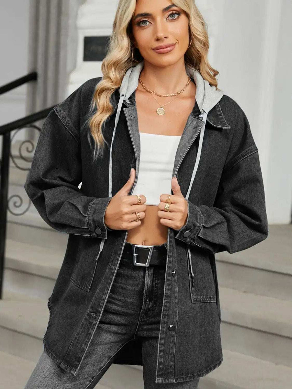 Removable Hood Button Up Long Sleeve Denim Jacket - Trendsi - Flyclothing LLC