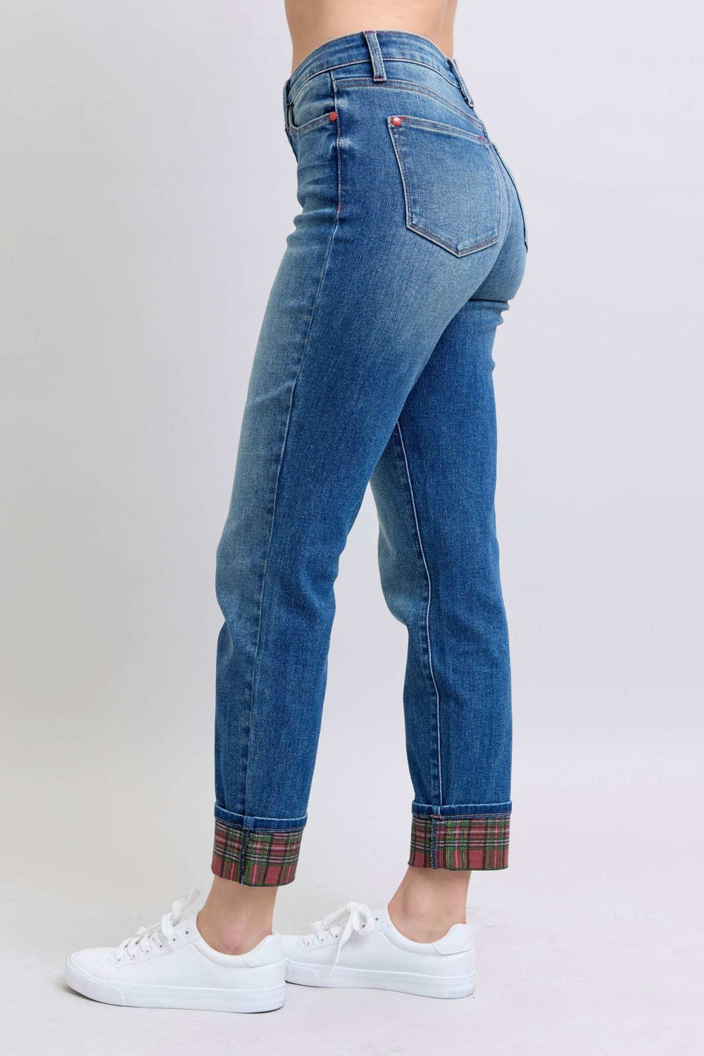 Judy Blue Full Size Plaid Print Cuff Straight Leg Jeans with Pockets - Trendsi - Flyclothing LLC