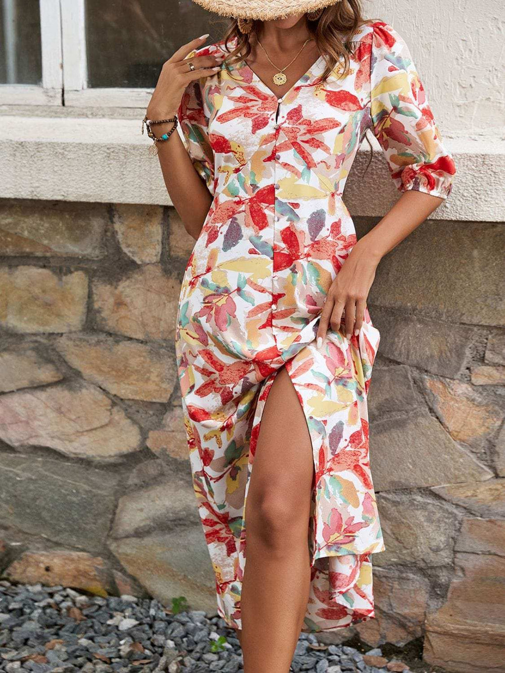 Printed V-Neck Half Sleeve Midi Dress - Trendsi - Flyclothing LLC