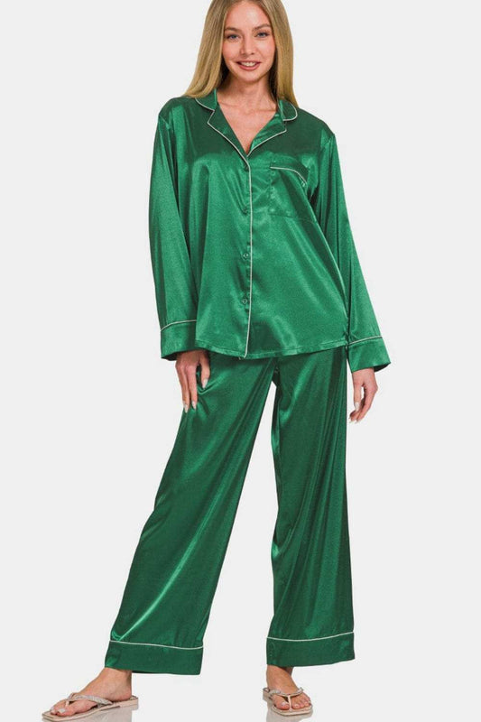 Zenana Satin Long Sleeve Shirt and Pants Pajama Set - Trendsi - Flyclothing LLC