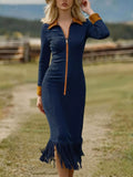 Fringe Hem Zipper Front Bodycon Dress - Trendsi - Flyclothing LLC