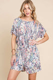 BOMBOM Printed Short Sleeve Drawstring Romper - Trendsi - Flyclothing LLC