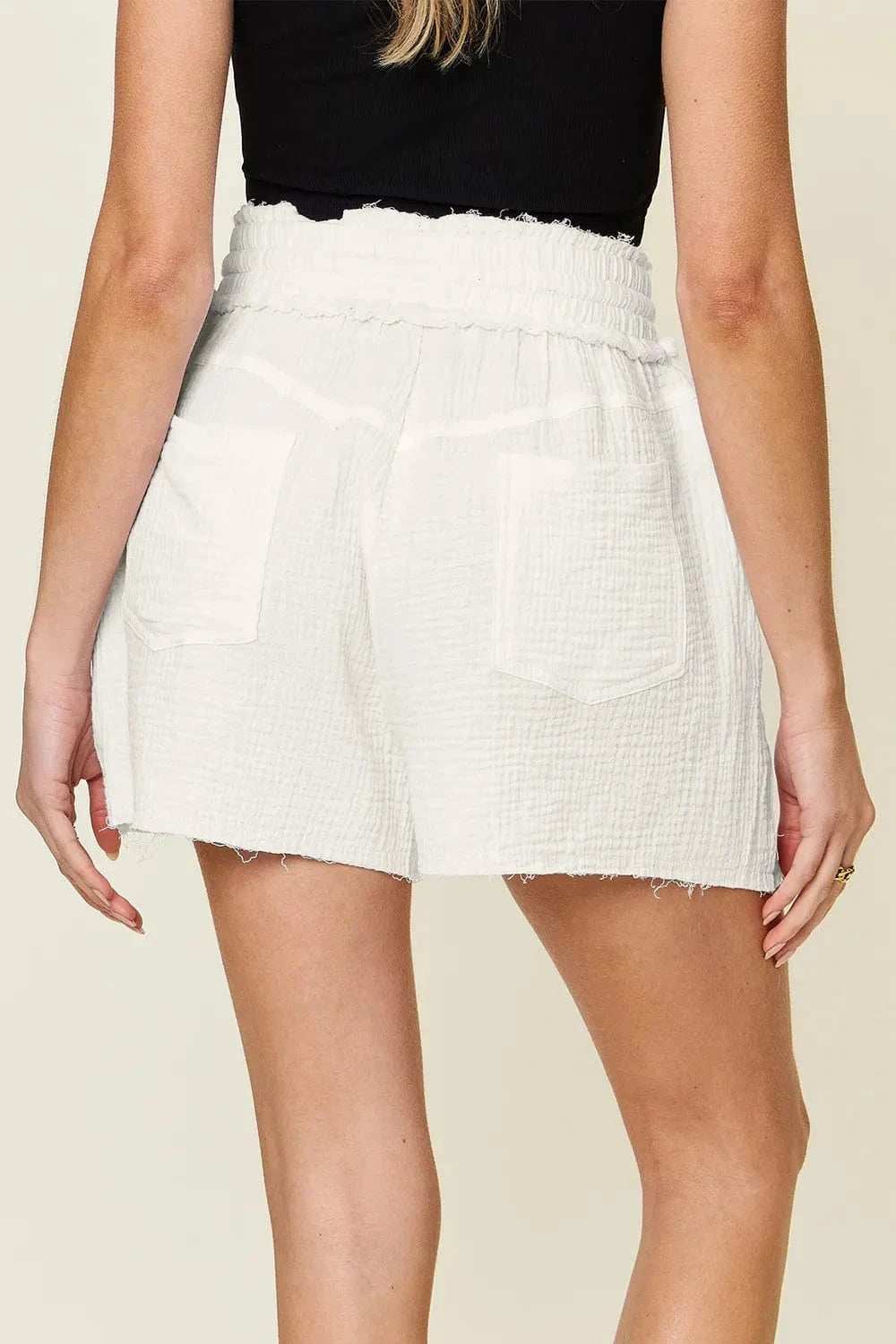 Double Take Full Size Texture Raw Trim Drawstring Shorts - Trendsi - Flyclothing LLC