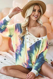 BiBi Tie Dye Deep V-Neck Top with Lace Up Front - Trendsi - Flyclothing LLC