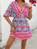 Printed Tie Back Half Sleeve Mini Dress - Trendsi - Flyclothing LLC