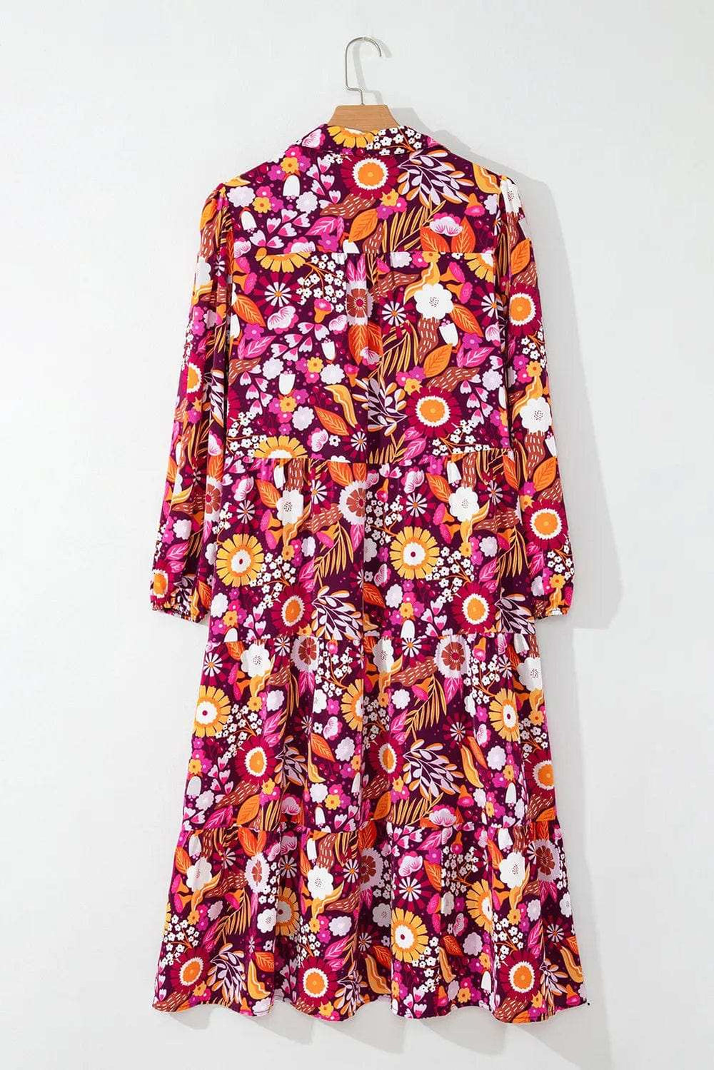 Printed Johnny Collar Long Sleeve Midi Dress - Trendsi - Flyclothing LLC