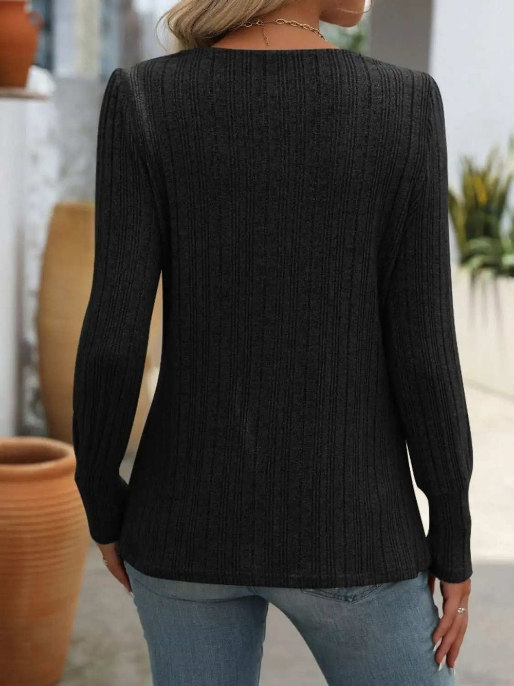 Decorative Button Striped Square Neck Long Sleeve T-Shirt - Trendsi - Flyclothing LLC