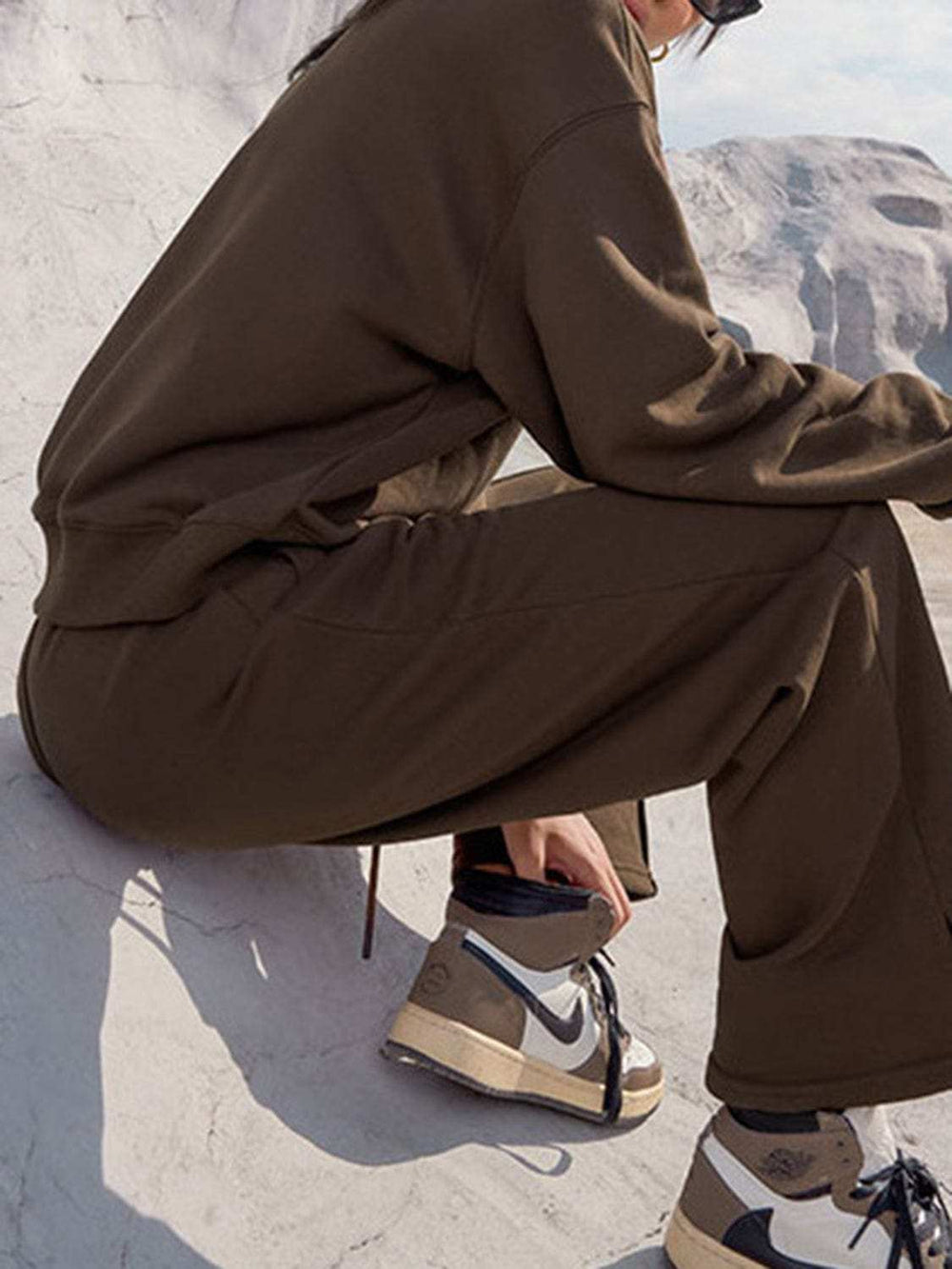 Round Neck Long Sleeve Top and Elastic Waist Pants Set - Trendsi - Flyclothing LLC