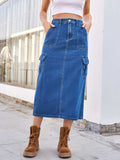 Slit Midi Denim Skirt with Pockets - Trendsi - Flyclothing LLC