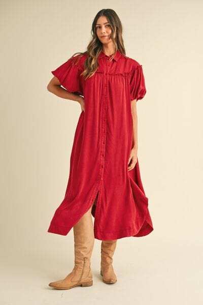 Annie Wear Mineral Washed Button Down Puff Sleeve Shirt Dress - Trendsi - Flyclothing LLC