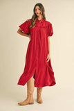Annie Wear Mineral Washed Button Down Puff Sleeve Shirt Dress - Trendsi - Flyclothing LLC