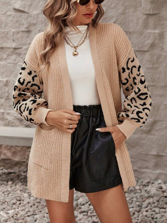 Pocketed Leopard Open Front Cardigan - Trendsi - Flyclothing LLC