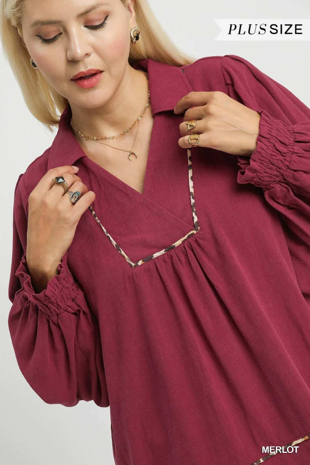 Umgee Full Size Linen Scallop Hem Blouse with Contrast Trim Plus Size - Trendsi - Flyclothing LLC