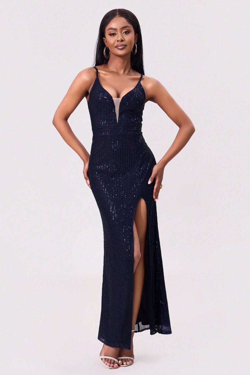 Split Sequin Backless Maxi Cami Dress - Trendsi - Flyclothing LLC