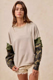 BiBi Camo Sleeve French Terry Top with Frayed Edge - Trendsi - Flyclothing LLC