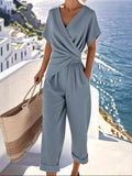 Full Size Surplice Short Sleeve Top and Pants Set Plus Size - Trendsi - Flyclothing LLC