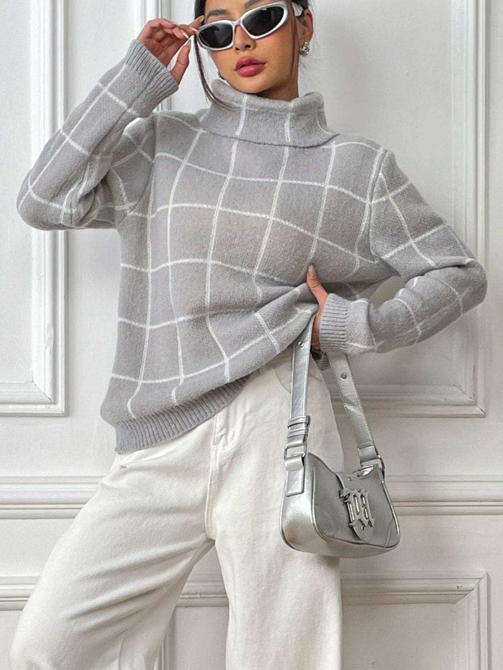 Plaid Turtleneck Long Sleeve Sweater - Trendsi - Flyclothing LLC
