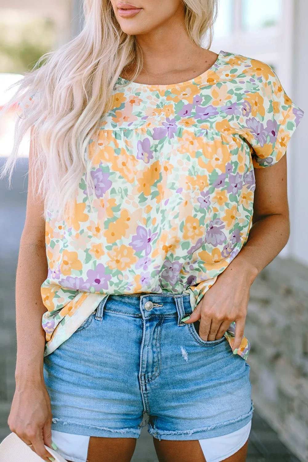 Printed Round Neck Cap Sleeve Blouse - Trendsi - Flyclothing LLC