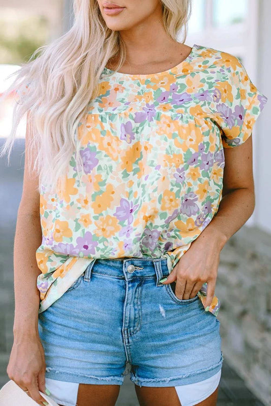 Printed Round Neck Cap Sleeve Blouse - Trendsi - Flyclothing LLC