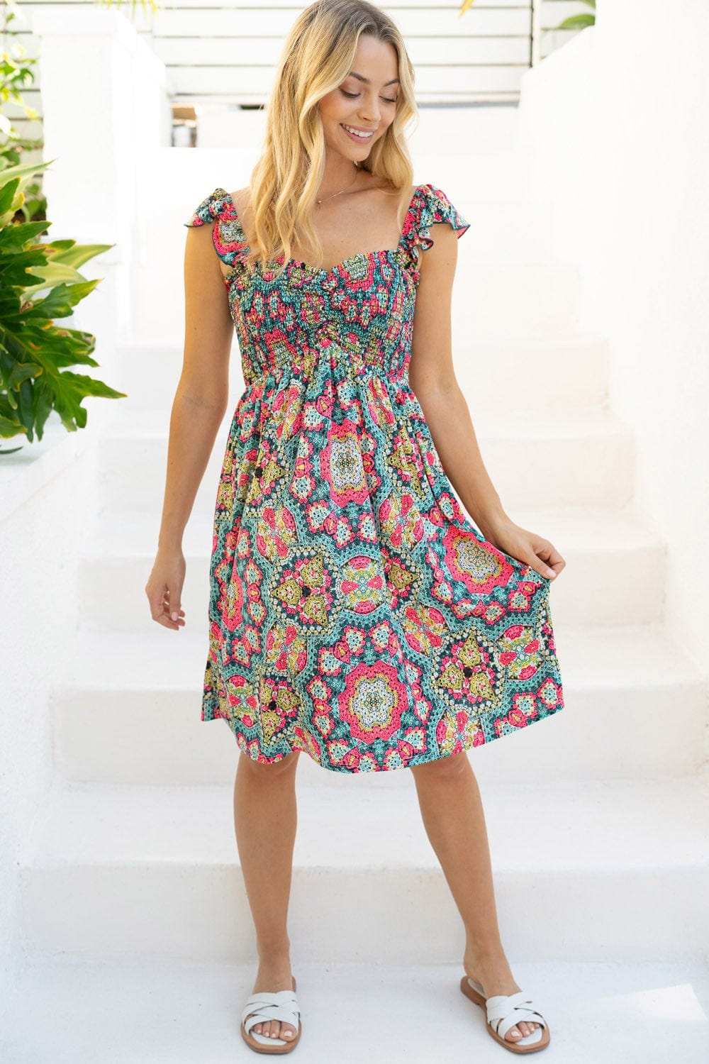 White Birch Printed Smocked Sleeveless Dress - Trendsi - Flyclothing LLC