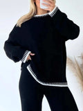 Contrast Trim Round Neck Top and Pants Sweater Set - Trendsi - Flyclothing LLC