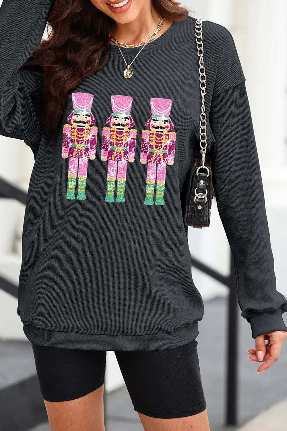 Sequin Nutcracker Round Neck Long Sleeve Sweatshirt - Trendsi - Flyclothing LLC