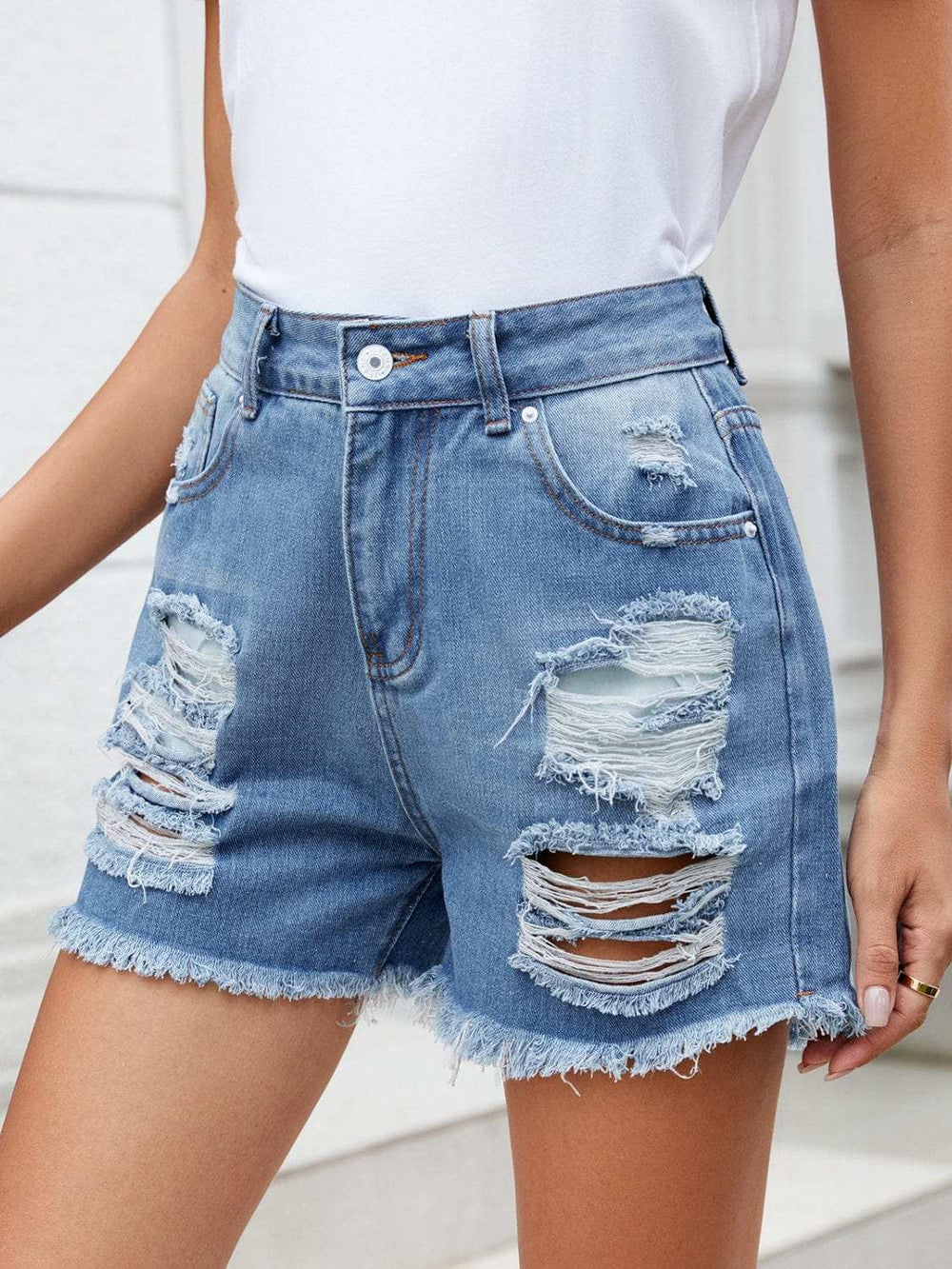 Distressed Raw Hem Denim Shorts - Trendsi - Flyclothing LLC