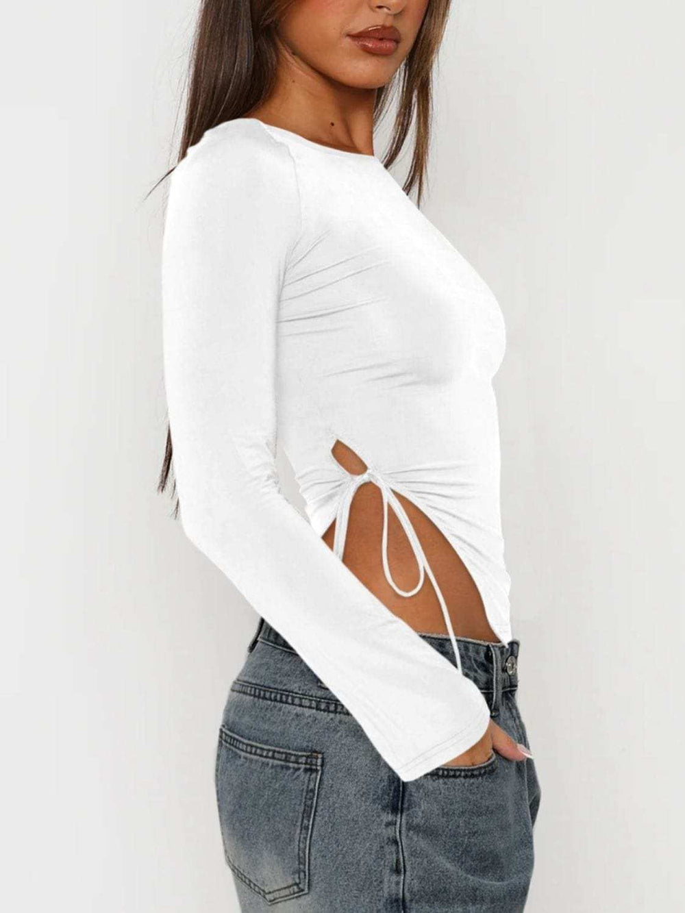 Tied Slit Round Neck Long Sleeve T-Shirt - Trendsi - Flyclothing LLC