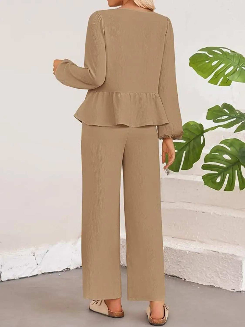 Tie Neck Balloon Sleeve Top and Pants Set - Trendsi - Flyclothing LLC