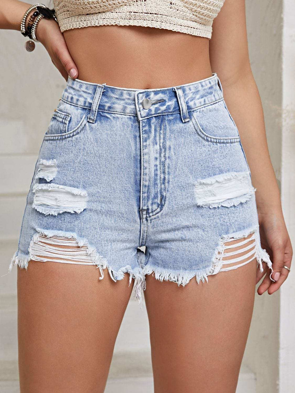Distressed Raw Hem High Waist Denim Shorts - Trendsi - Flyclothing LLC