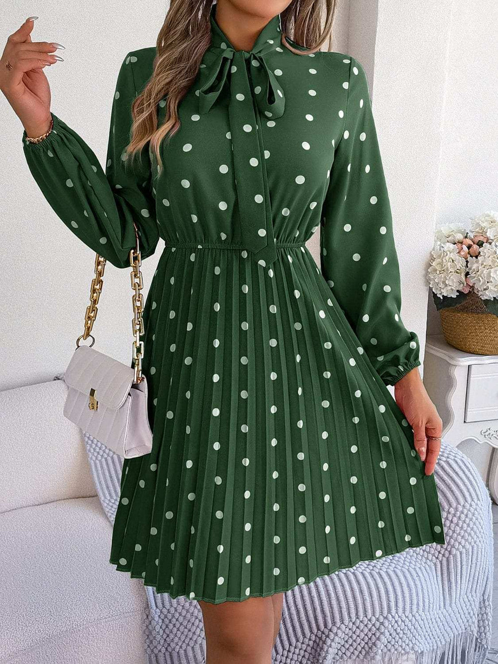 Polka Dot Tie Neck Pleated Dress - Trendsi - Flyclothing LLC